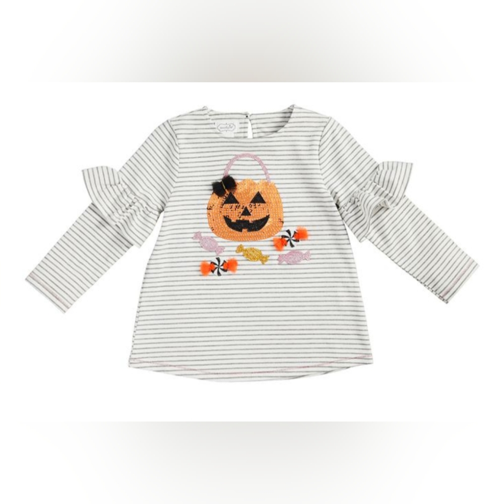 MUD PIE shirt featuring pumpkin appliqué. Ruffle detail, Size 12-18 Months.